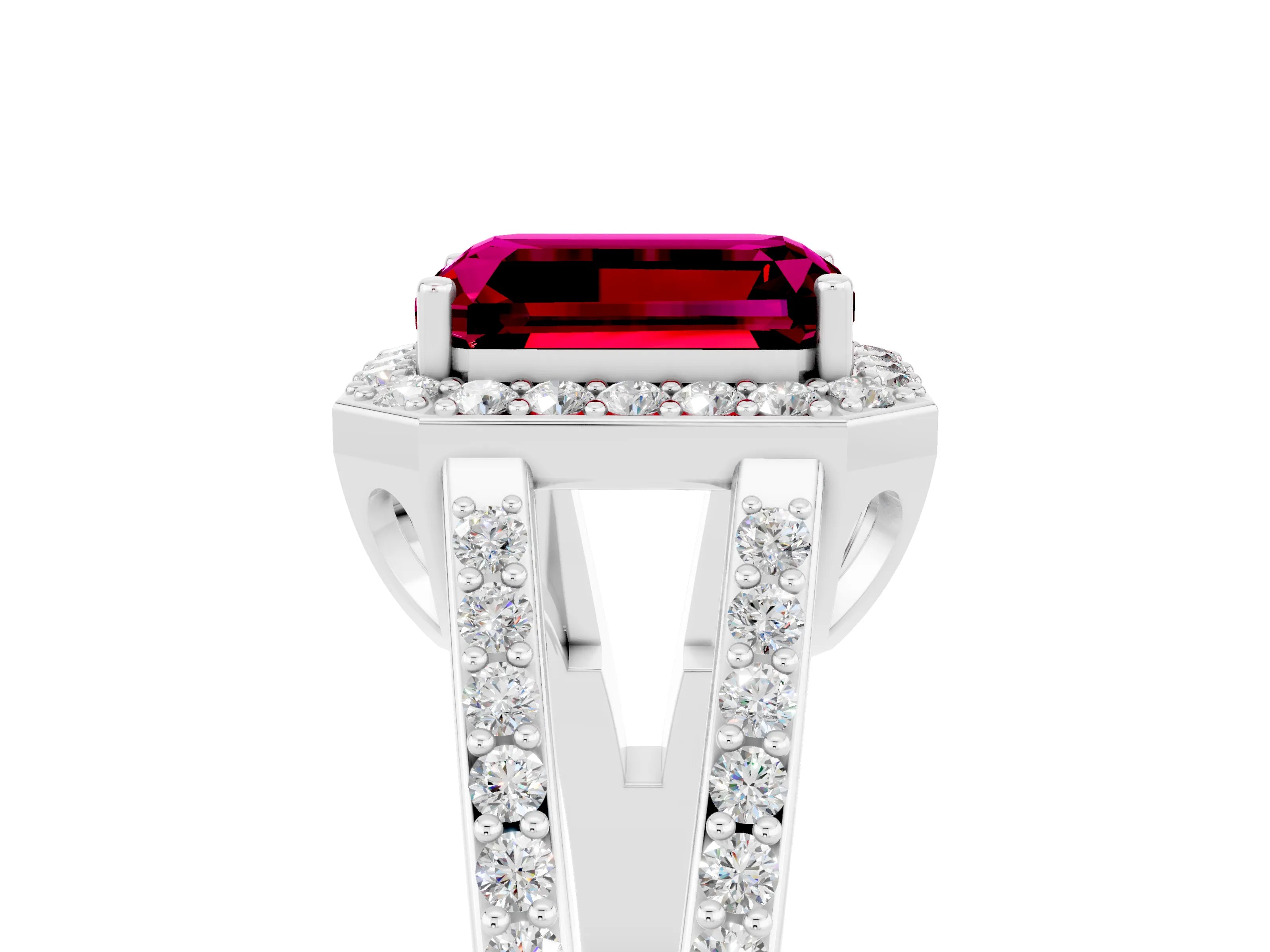 White gold Emerald Cut Garnet Halo Ring with Split Shank U-Prong Band and Four-Prong Setting_5
