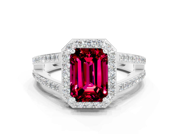 White gold Emerald Cut Garnet Halo Ring with Split Shank U-Prong Band and Four-Prong Setting