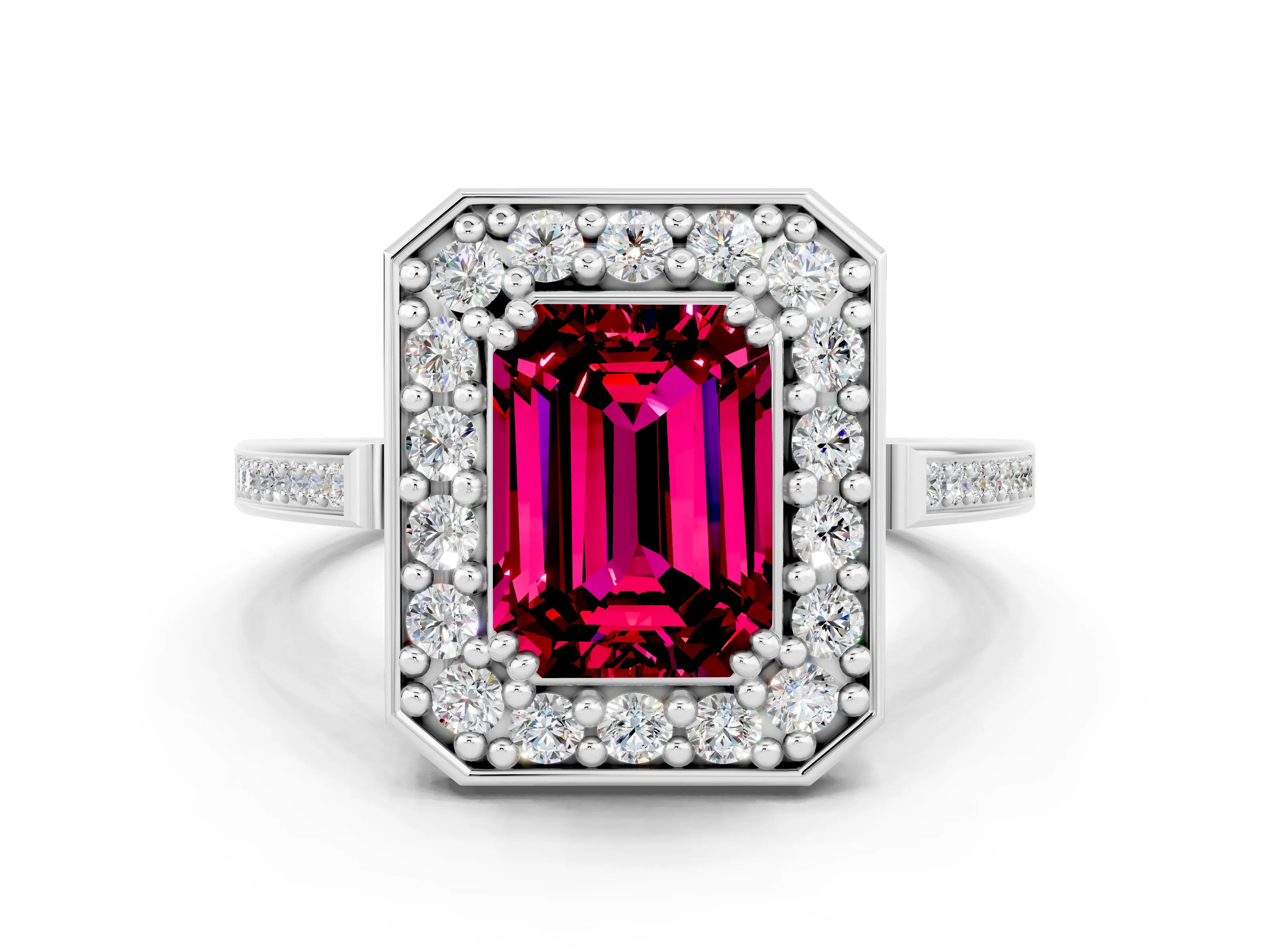 White gold Emerald Cut Garnet Halo Ring with Split Shank and Four-Prong Setting