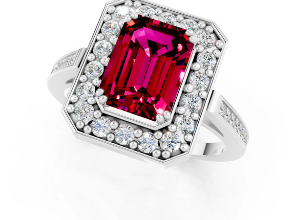 Platinum Emerald Cut Garnet Halo Ring with Split Shank and Four-Prong Setting