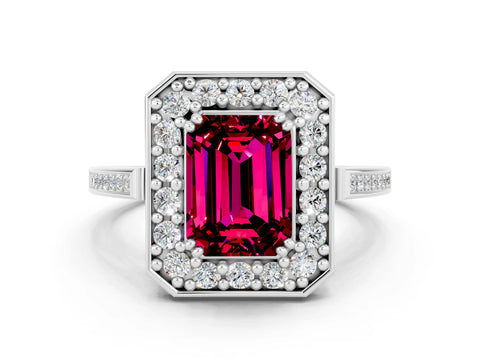White gold Emerald Cut Garnet Halo Ring with Split Shank and Four-Prong Setting_12
