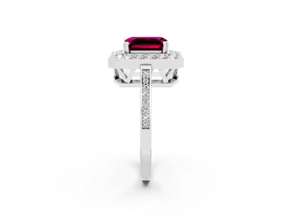 White gold Emerald Cut Garnet Halo Ring with Split Shank and Four-Prong Setting