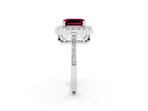 White gold Emerald Cut Garnet Halo Ring with Split Shank and Four-Prong Setting_14