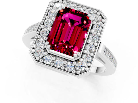 White gold Emerald Cut Garnet Halo Ring with Split Shank and Four-Prong Setting_1