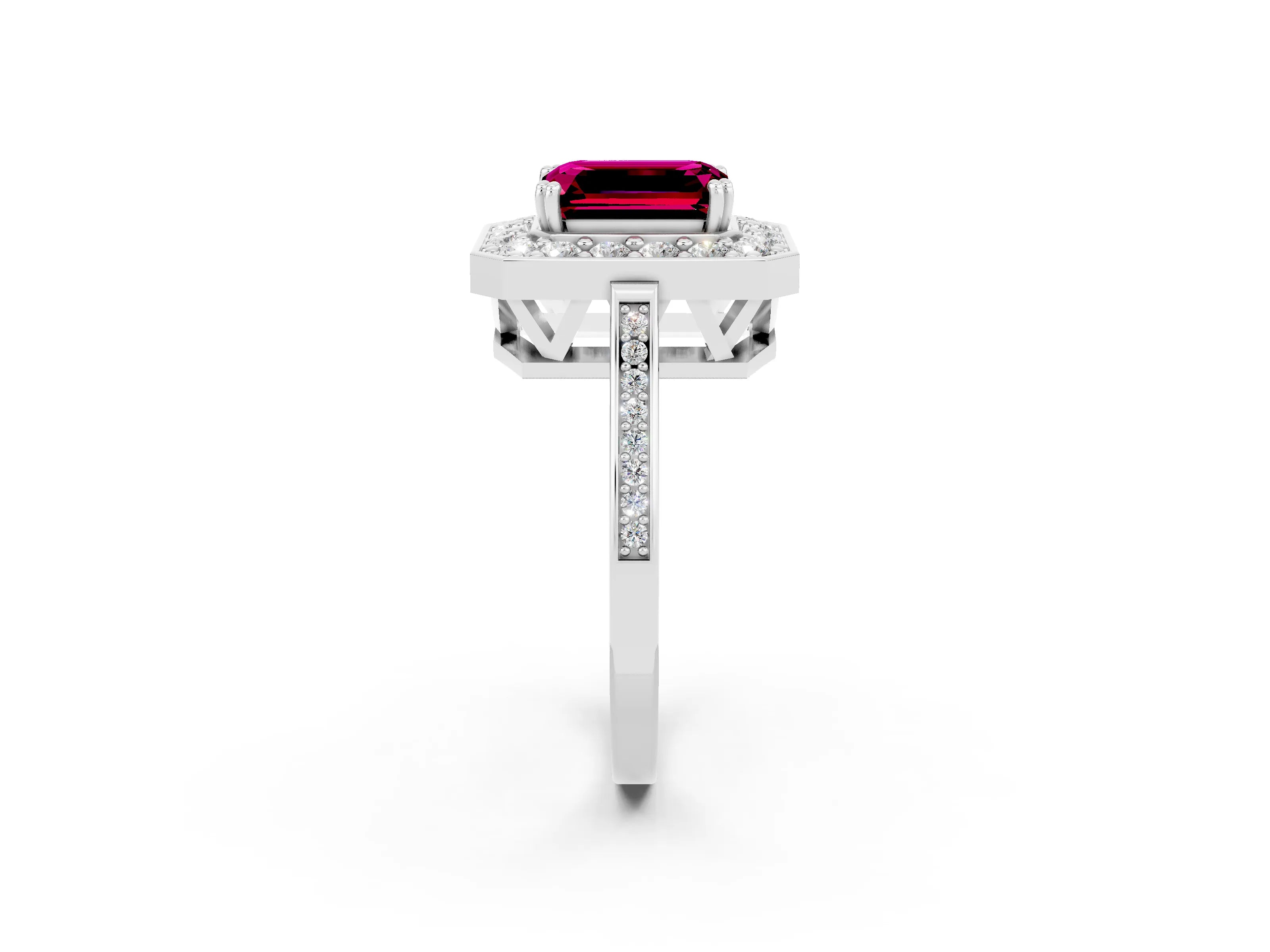 White gold Emerald Cut Garnet Halo Ring with Split Shank and Four-Prong Setting_2