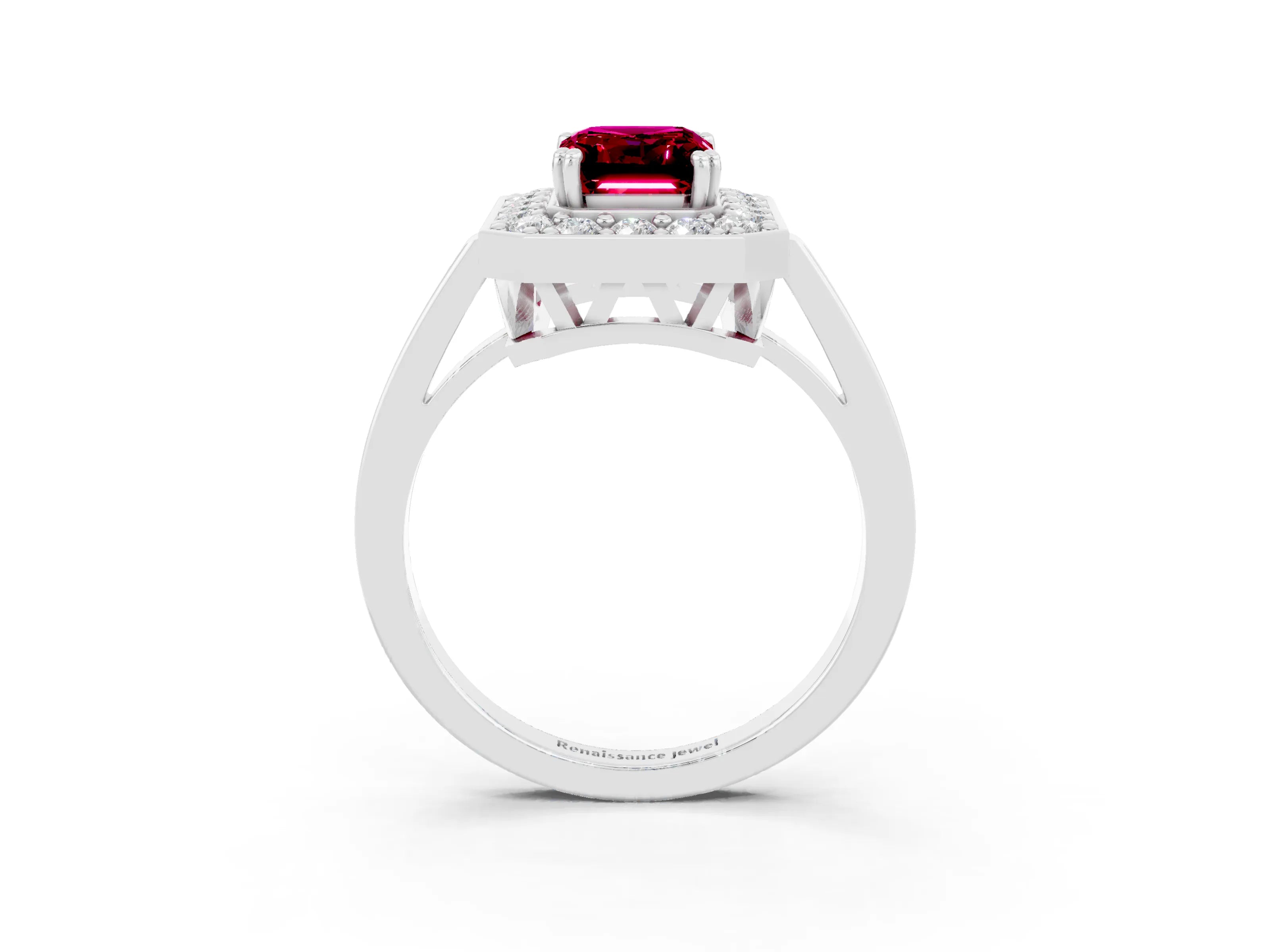 White gold Emerald Cut Garnet Halo Ring with Split Shank and Four-Prong Setting_3