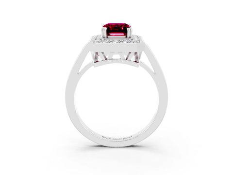 White gold Emerald Cut Garnet Halo Ring with Split Shank and Four-Prong Setting_3