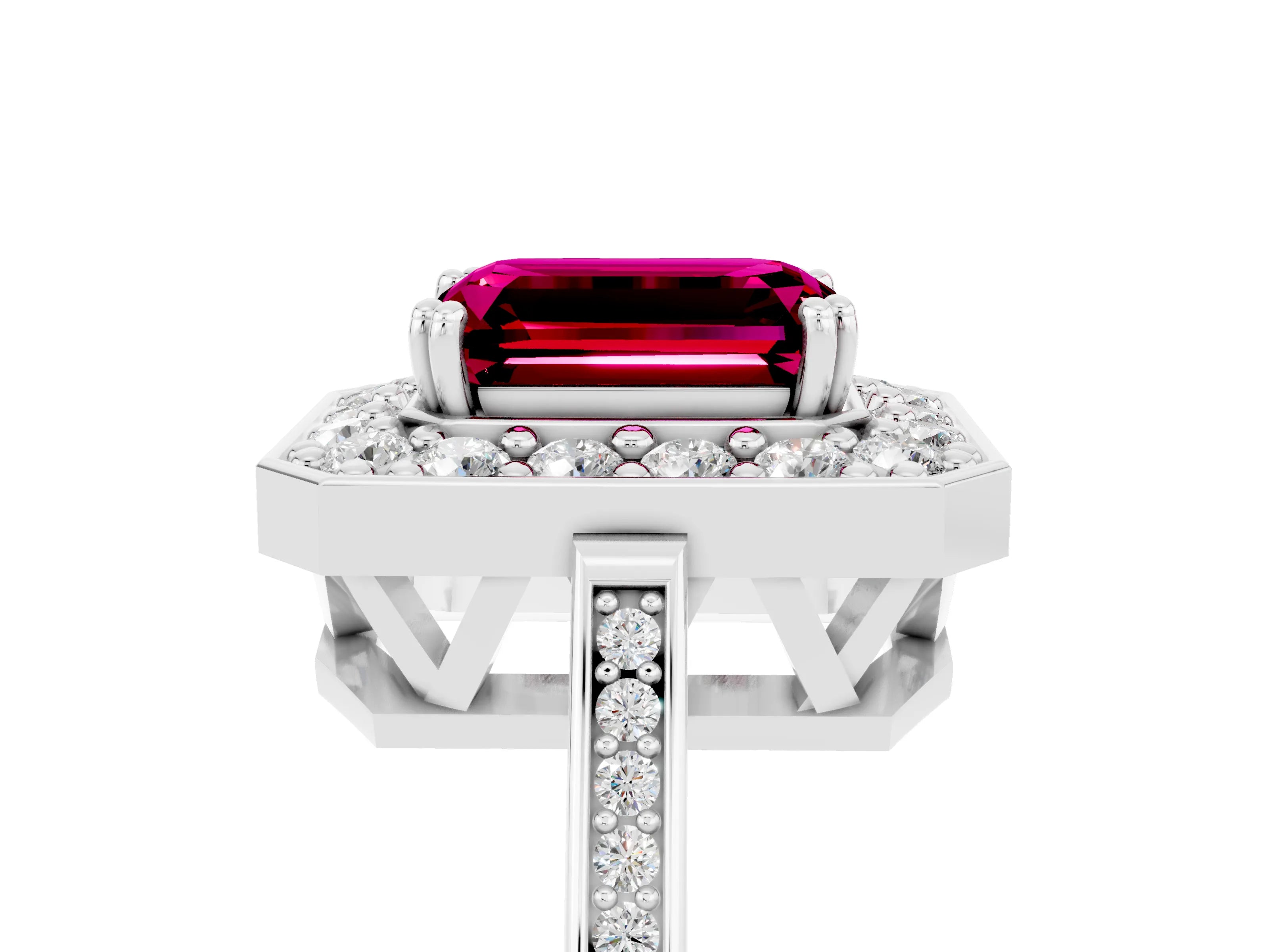 White gold Emerald Cut Garnet Halo Ring with Split Shank and Four-Prong Setting_5