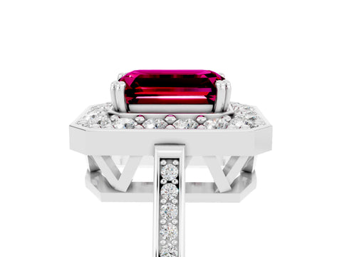 White gold Emerald Cut Garnet Halo Ring with Split Shank and Four-Prong Setting_5