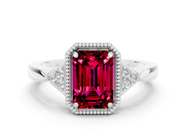 Platinum Emerald Cut Garnet Halo Ring with Tapered Band and Four-Prong Setting