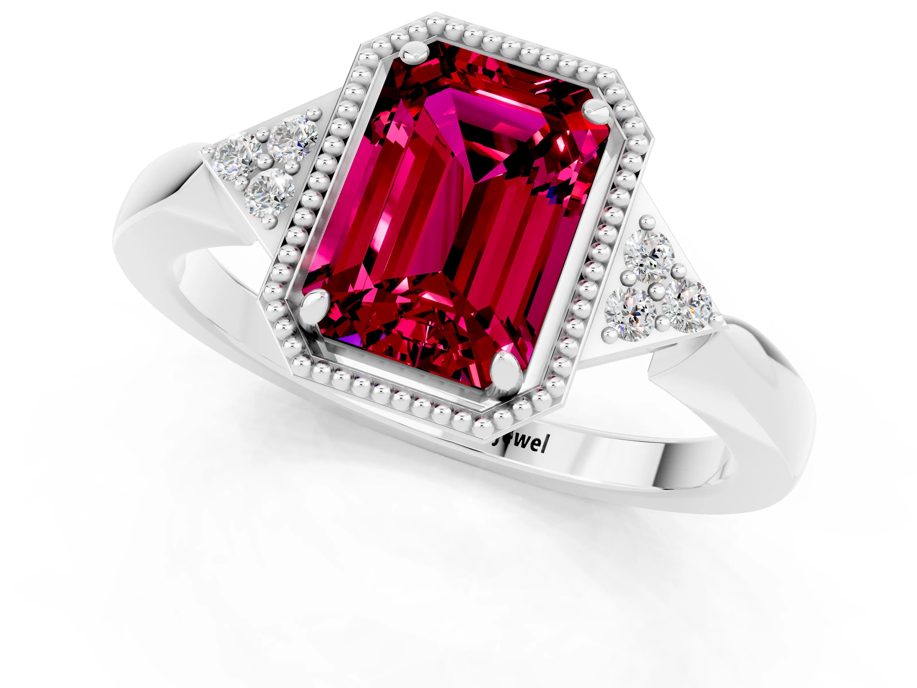 White gold Emerald Cut Garnet Halo Ring with Tapered Band and Four-Prong Setting_1