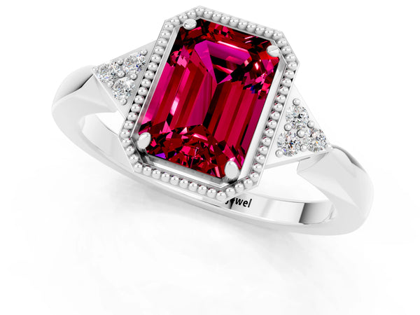 Silver Emerald Cut Garnet Halo Ring with Tapered Band and Four-Prong Setting