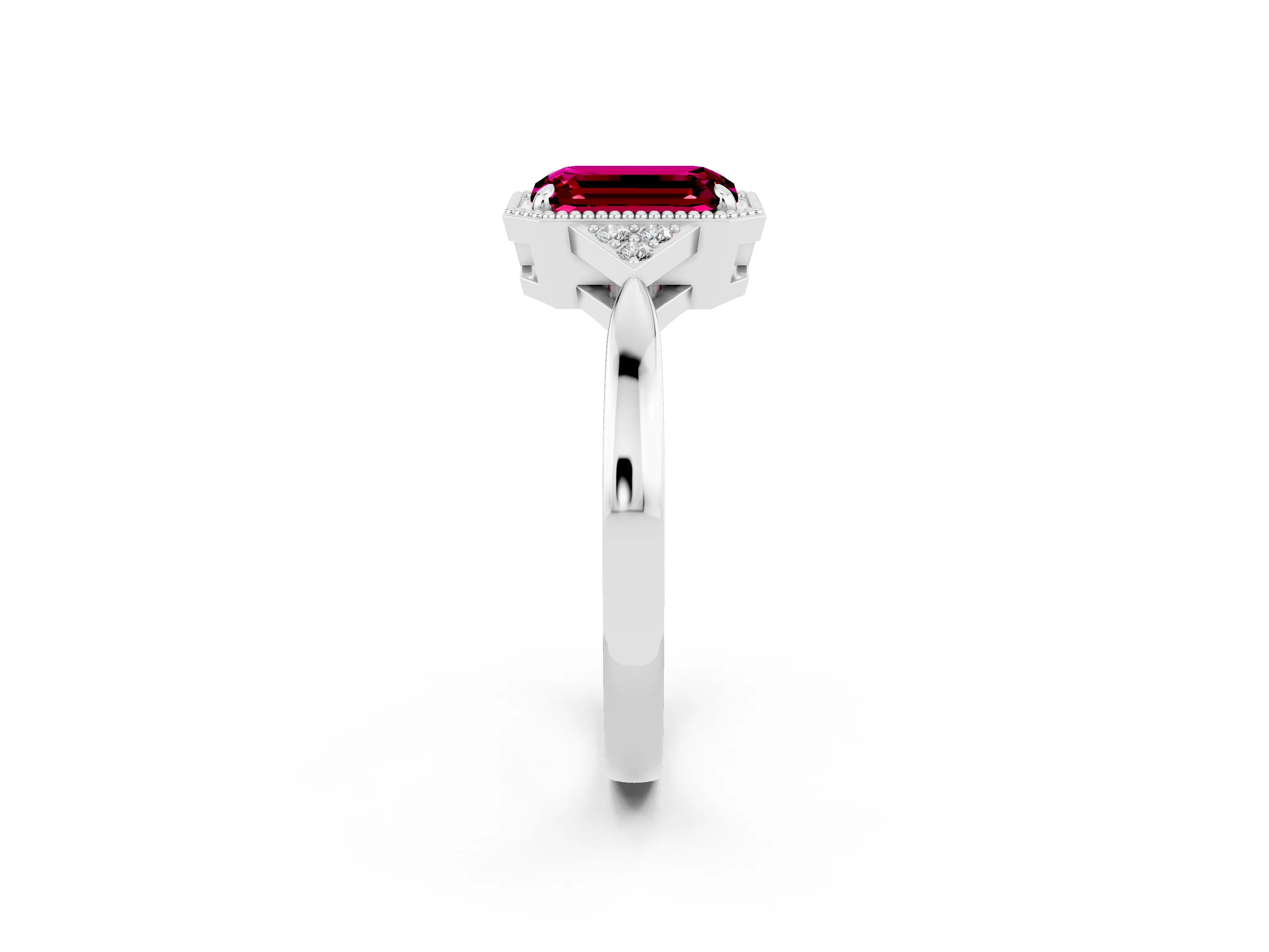 White gold Emerald Cut Garnet Halo Ring with Tapered Band and Four-Prong Setting_2