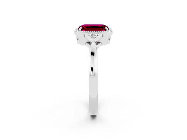 Silver Emerald Cut Garnet Halo Ring with Tapered Band and Four-Prong Setting
