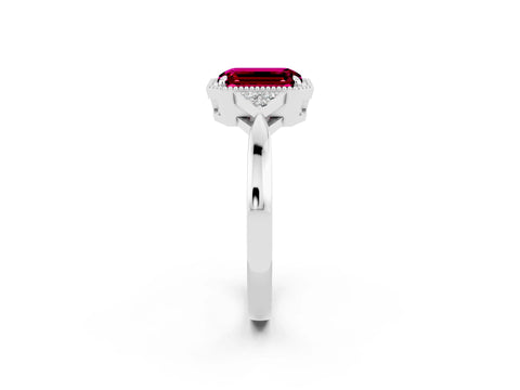 White gold Emerald Cut Garnet Halo Ring with Tapered Band and Four-Prong Setting_2