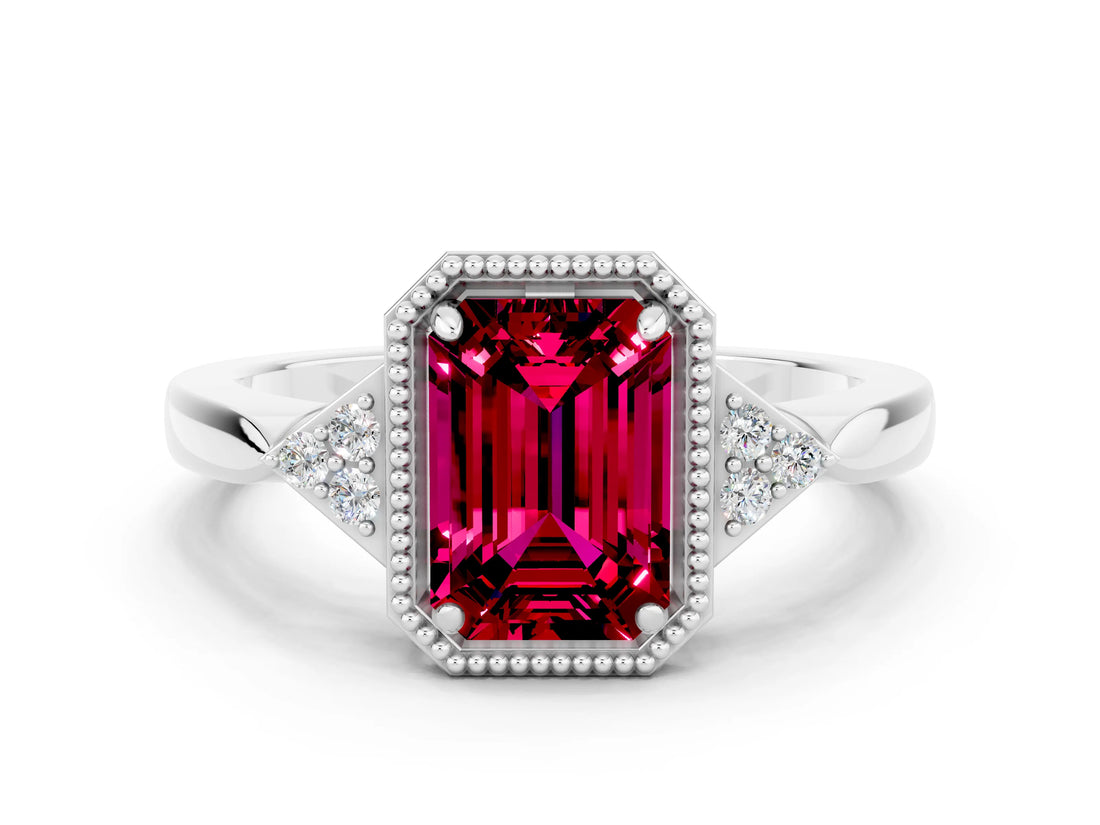 White gold Emerald Cut Garnet Halo Ring with Tapered Band and Four-Prong Setting