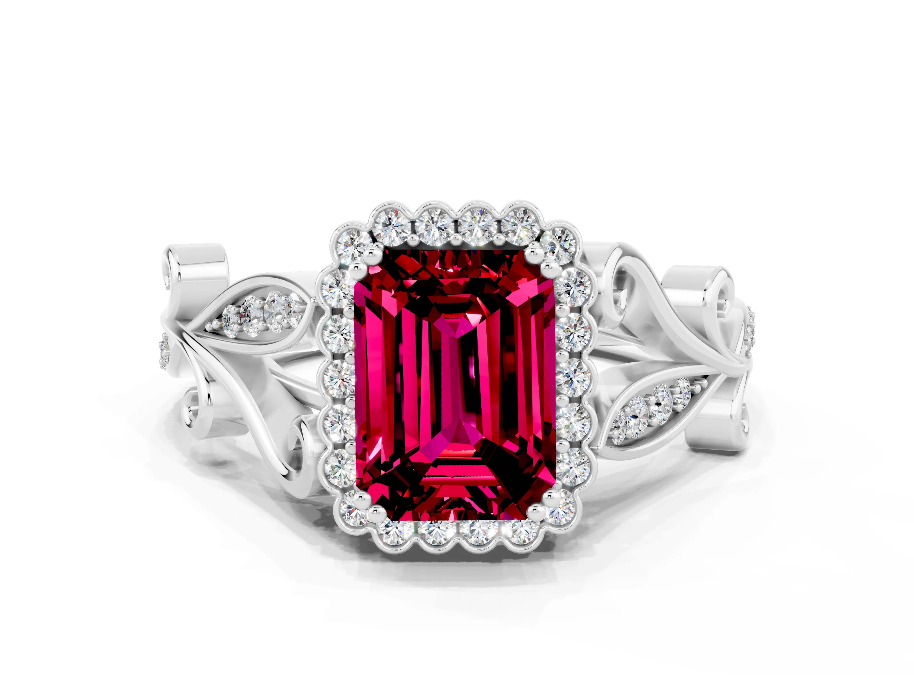 White gold Emerald Cut Garnet Halo Ring with Vintage Split Shank and Four-Prong Setting_24