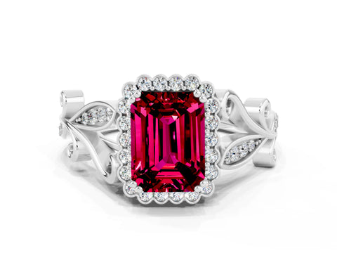 White gold Emerald Cut Garnet Halo Ring with Vintage Split Shank and Four-Prong Setting_24