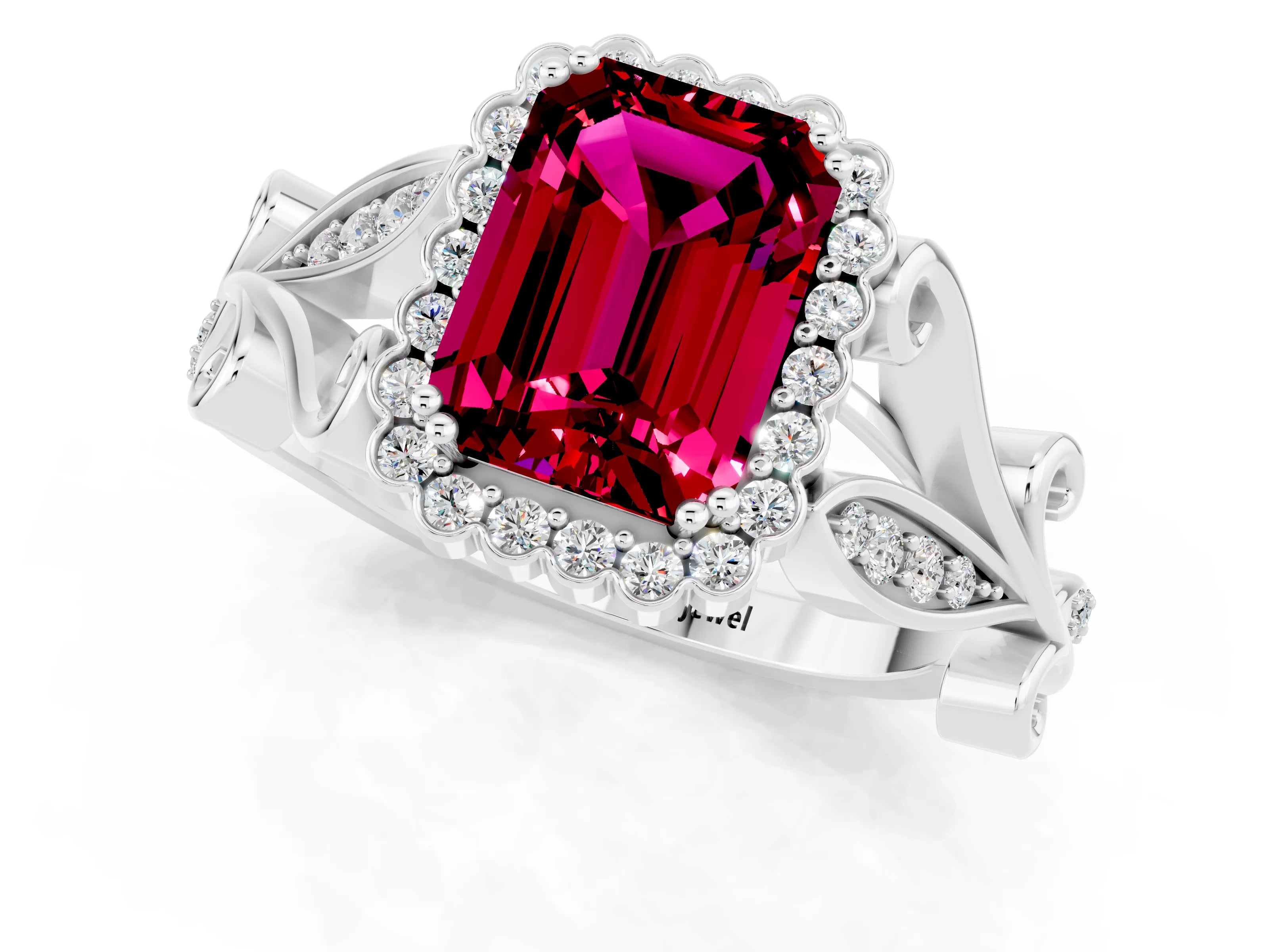 White gold Emerald Cut Garnet Halo Ring with Vintage Split Shank and Four-Prong Setting_25