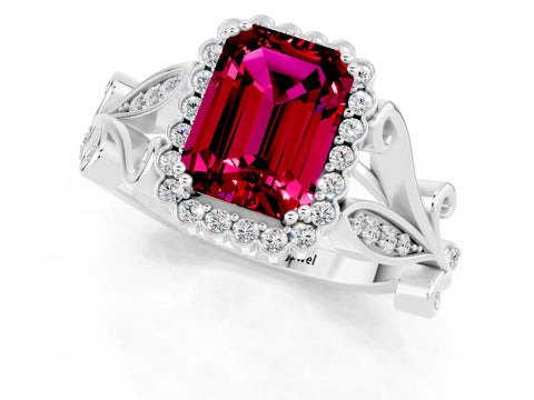 White gold Emerald Cut Garnet Halo Ring with Vintage Split Shank and Four-Prong Setting_25