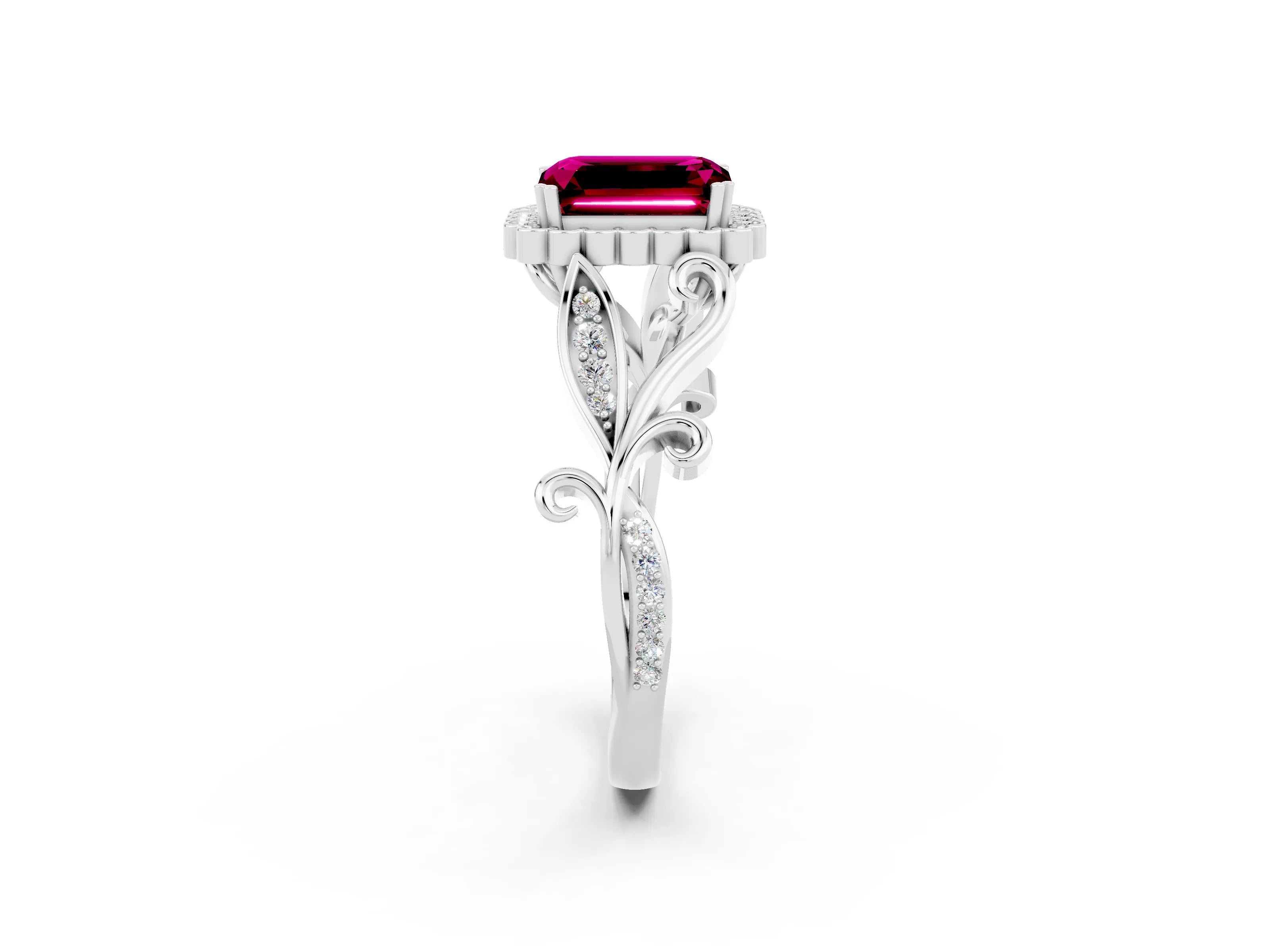 White gold Emerald Cut Garnet Halo Ring with Vintage Split Shank and Four-Prong Setting_26