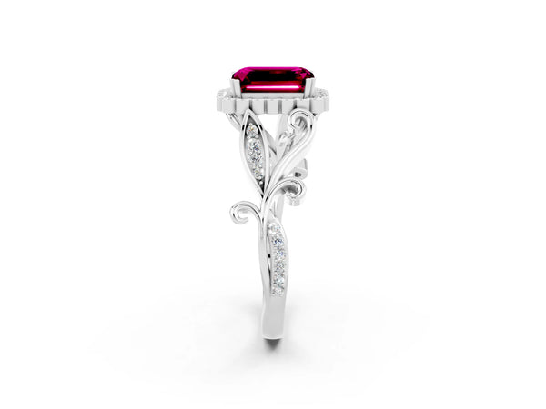 White gold Emerald Cut Garnet Halo Ring with Vintage Split Shank and Four-Prong Setting