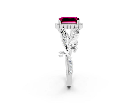 White gold Emerald Cut Garnet Halo Ring with Vintage Split Shank and Four-Prong Setting_26
