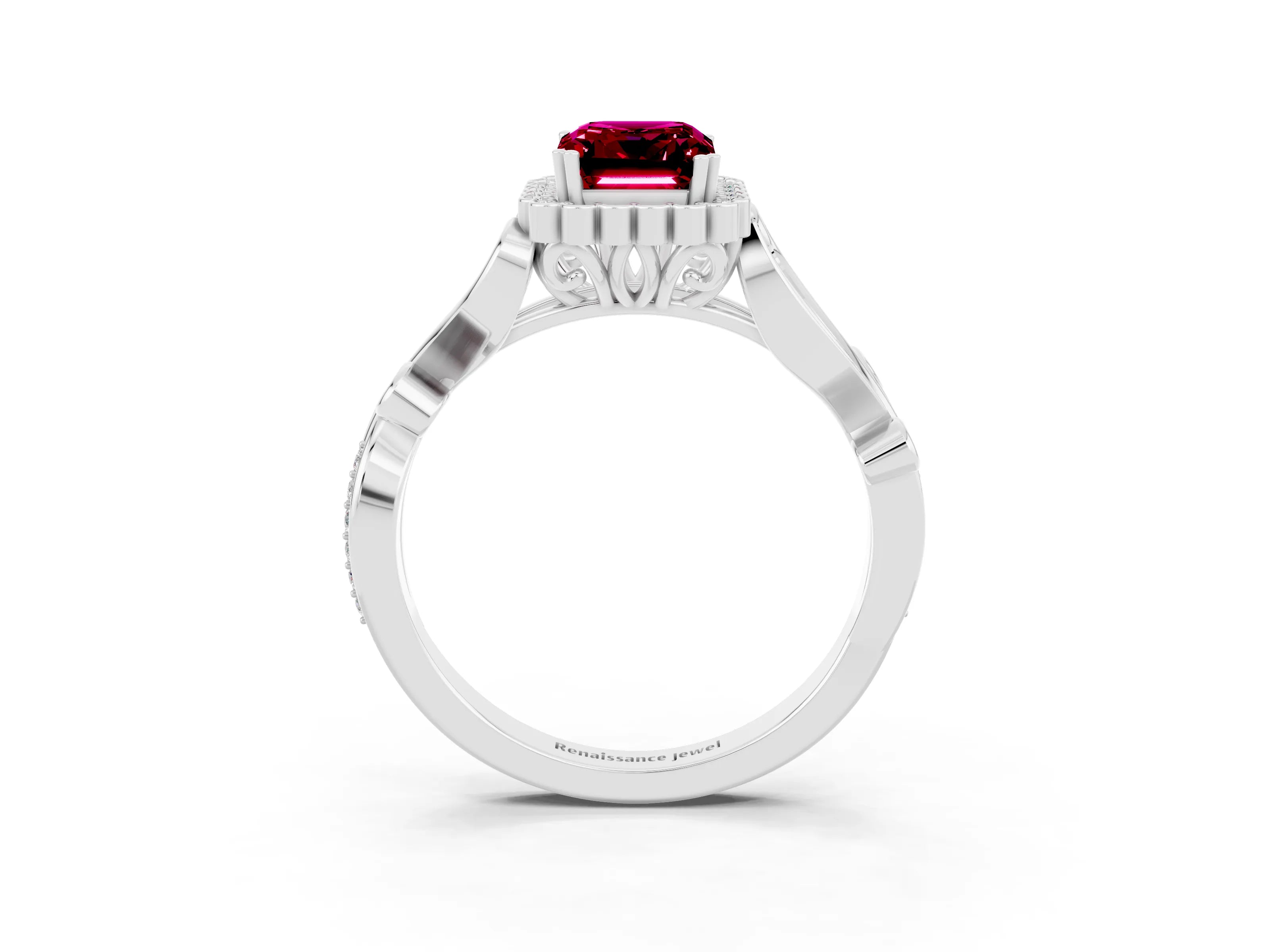 White gold Emerald Cut Garnet Halo Ring with Vintage Split Shank and Four-Prong Setting_27