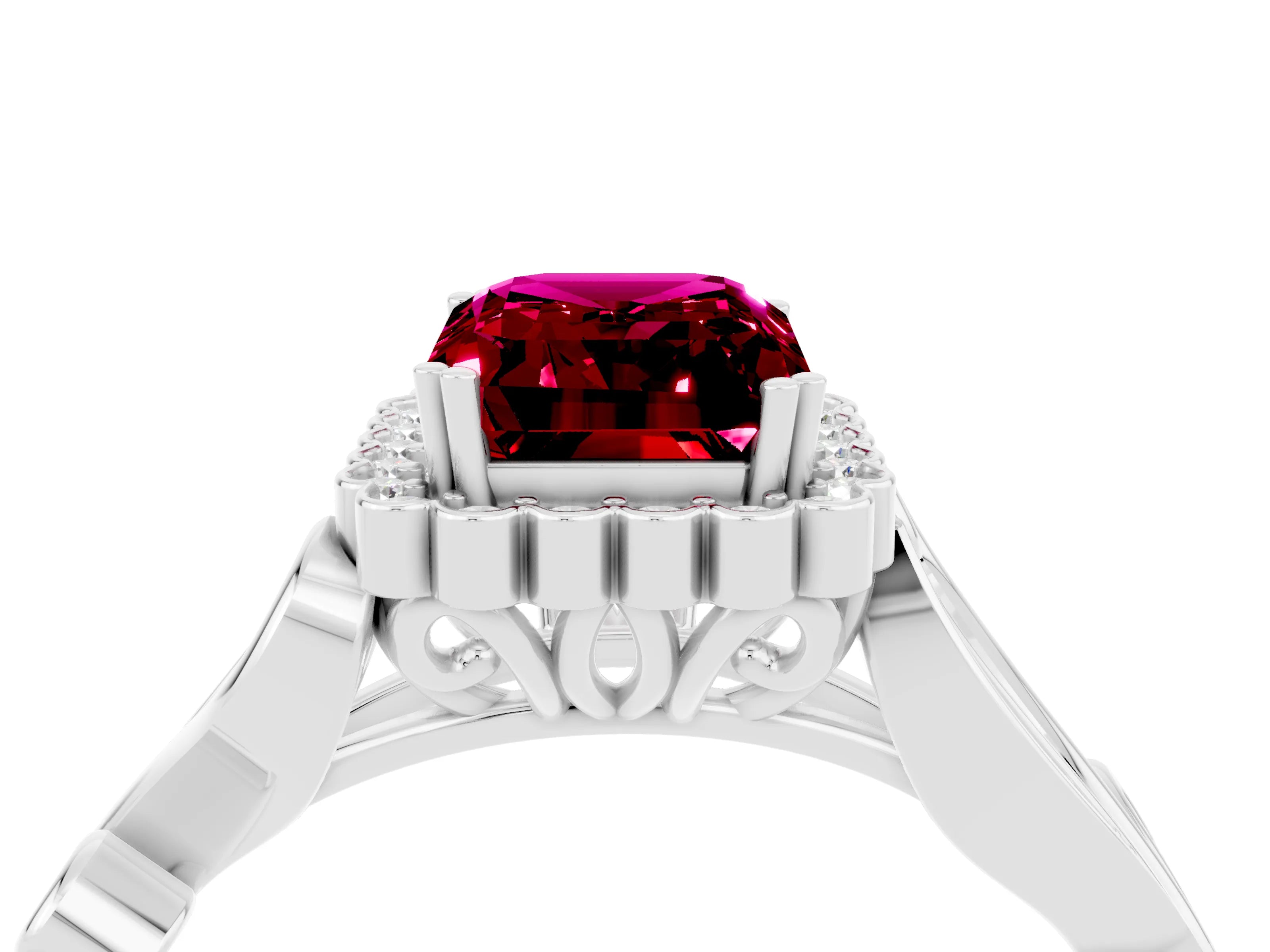 White gold Emerald Cut Garnet Halo Ring with Vintage Split Shank and Four-Prong Setting_28