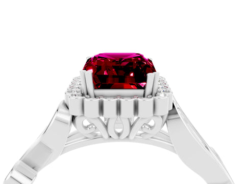 White gold Emerald Cut Garnet Halo Ring with Vintage Split Shank and Four-Prong Setting_28