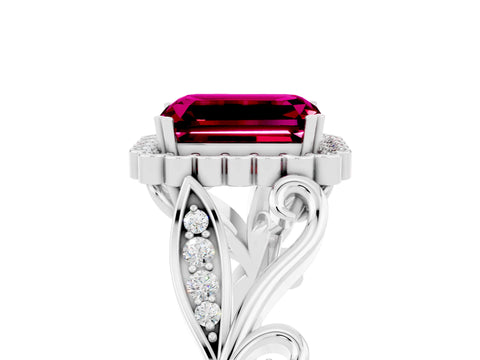 White gold Emerald Cut Garnet Halo Ring with Vintage Split Shank and Four-Prong Setting_29