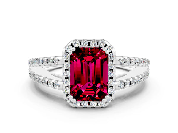 White gold Emerald Cut Garnet Halo Split Shank Engagement Ring