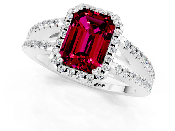 Silver Emerald Cut Garnet Halo Split Shank Engagement Ring