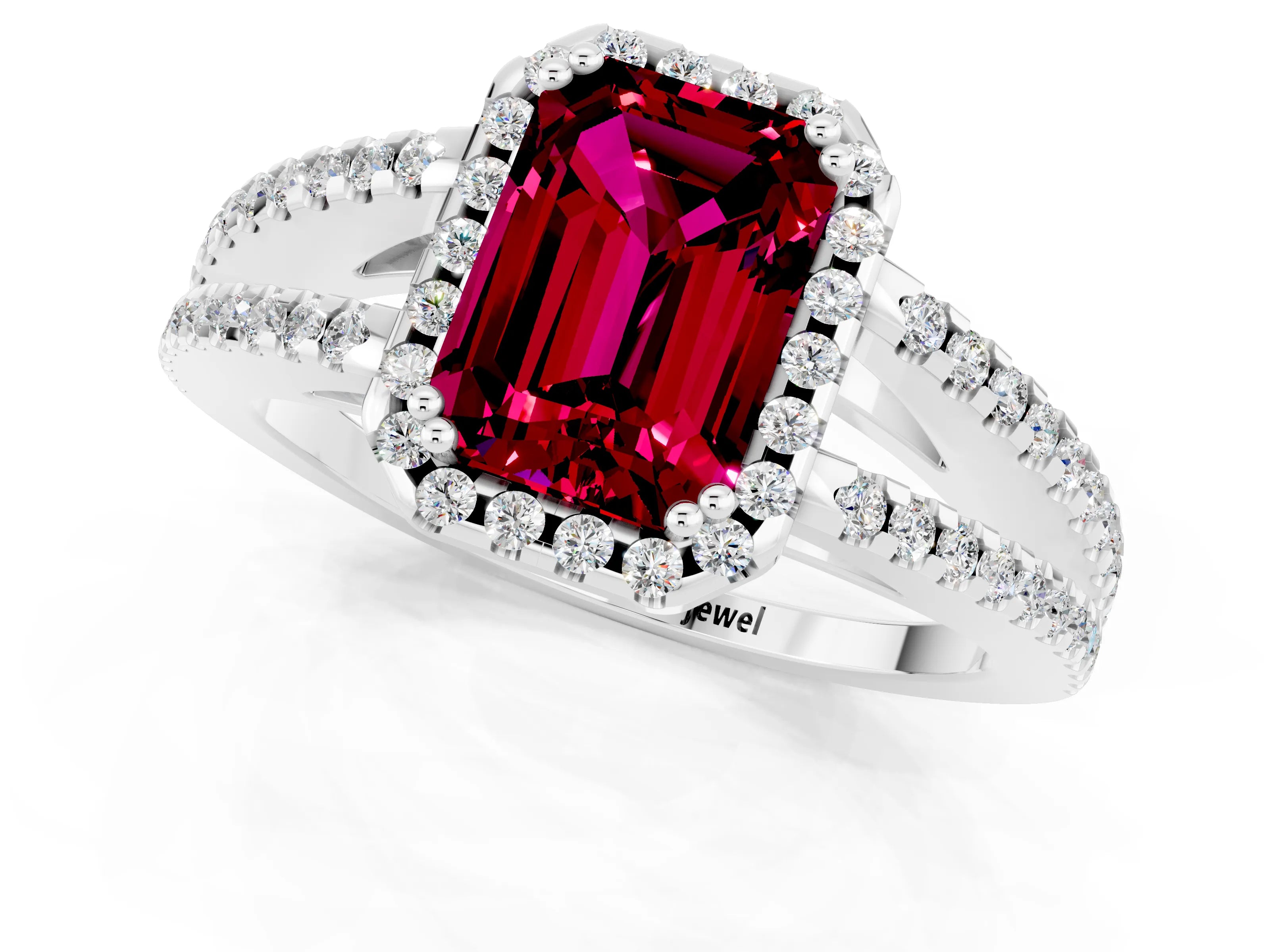 White gold Emerald Cut Garnet Halo Split Shank Engagement Ring_13