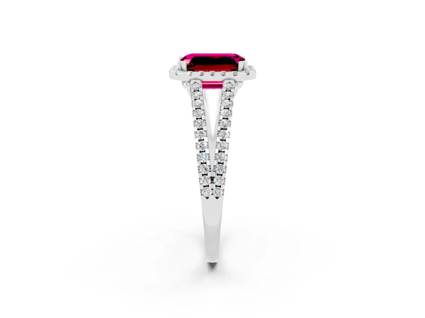 Silver Emerald Cut Garnet Halo Split Shank Engagement Ring
