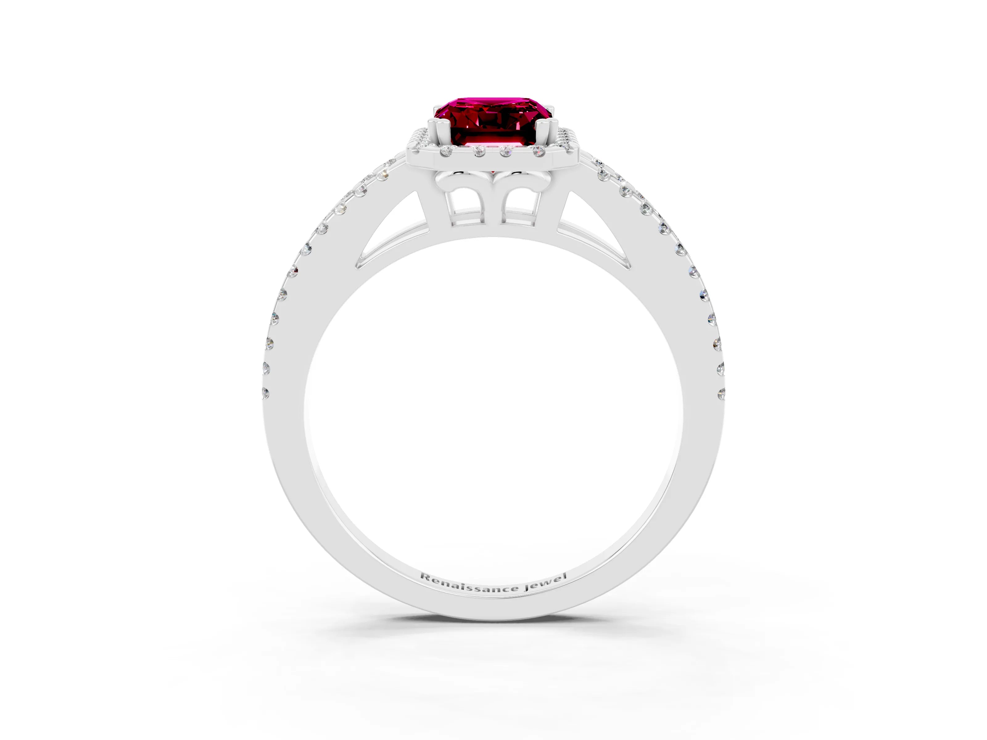 White gold Emerald Cut Garnet Halo Split Shank Engagement Ring_15