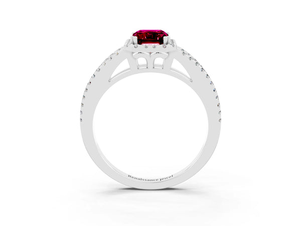 White gold Emerald Cut Garnet Halo Split Shank Engagement Ring
