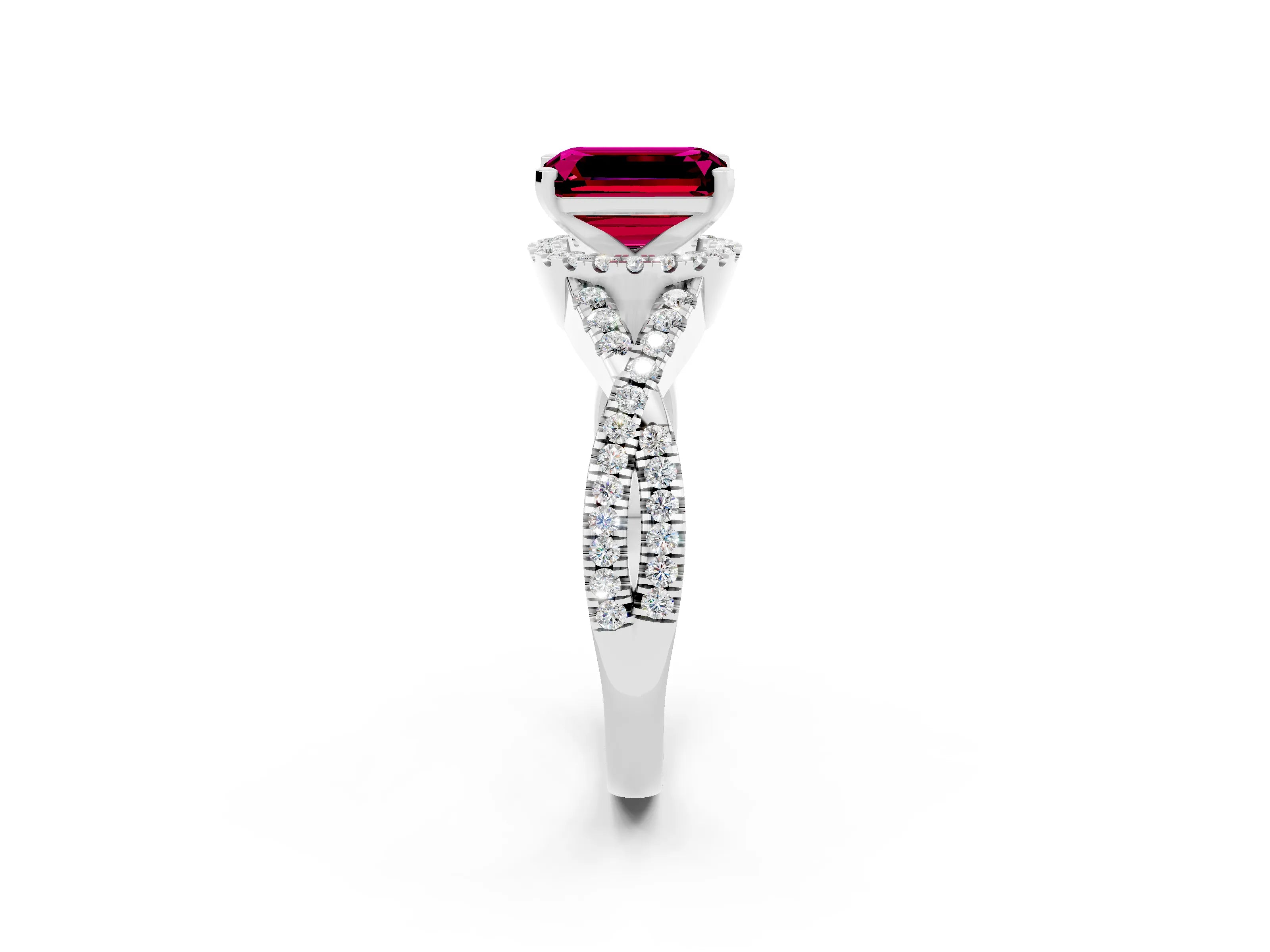 White gold Emerald Cut Garnet Halo Twist Band Solitaire Prong Setting Ring_2