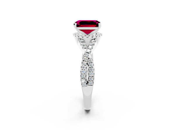 Platinum Emerald Cut Garnet  Halo Twist Band Solitaire Prong Setting Ring