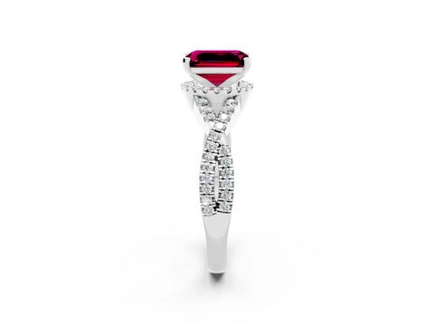 White gold Emerald Cut Garnet Halo Twist Band Solitaire Prong Setting Ring_2