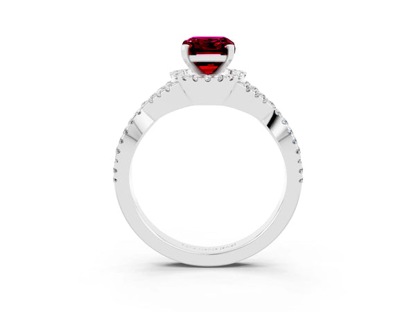 Platinum Emerald Cut Garnet  Halo Twist Band Solitaire Prong Setting Ring