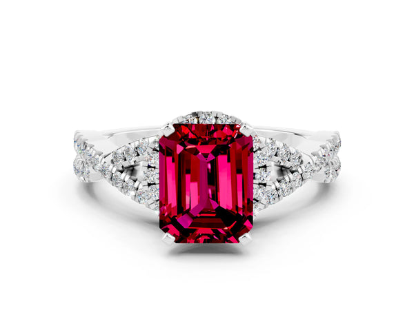 White gold Emerald Cut Garnet  Halo Twist Band Solitaire Prong Setting Ring