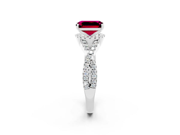 White gold Emerald Cut Garnet  Halo Twist Band Solitaire Prong Setting Ring