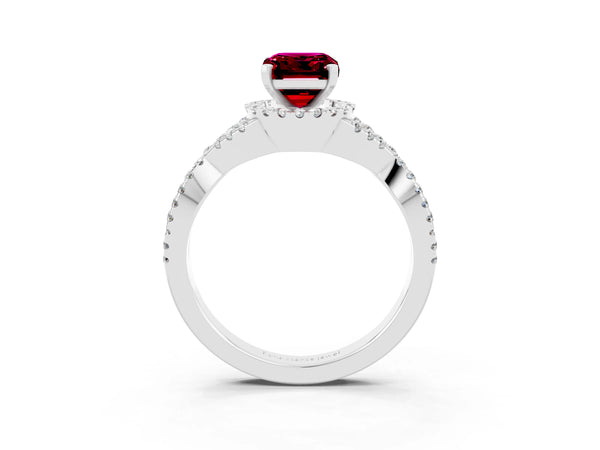 White gold Emerald Cut Garnet  Halo Twist Band Solitaire Prong Setting Ring