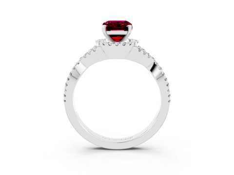 White gold Emerald Cut Garnet Halo Twist Band Solitaire Prong Setting Ring_3