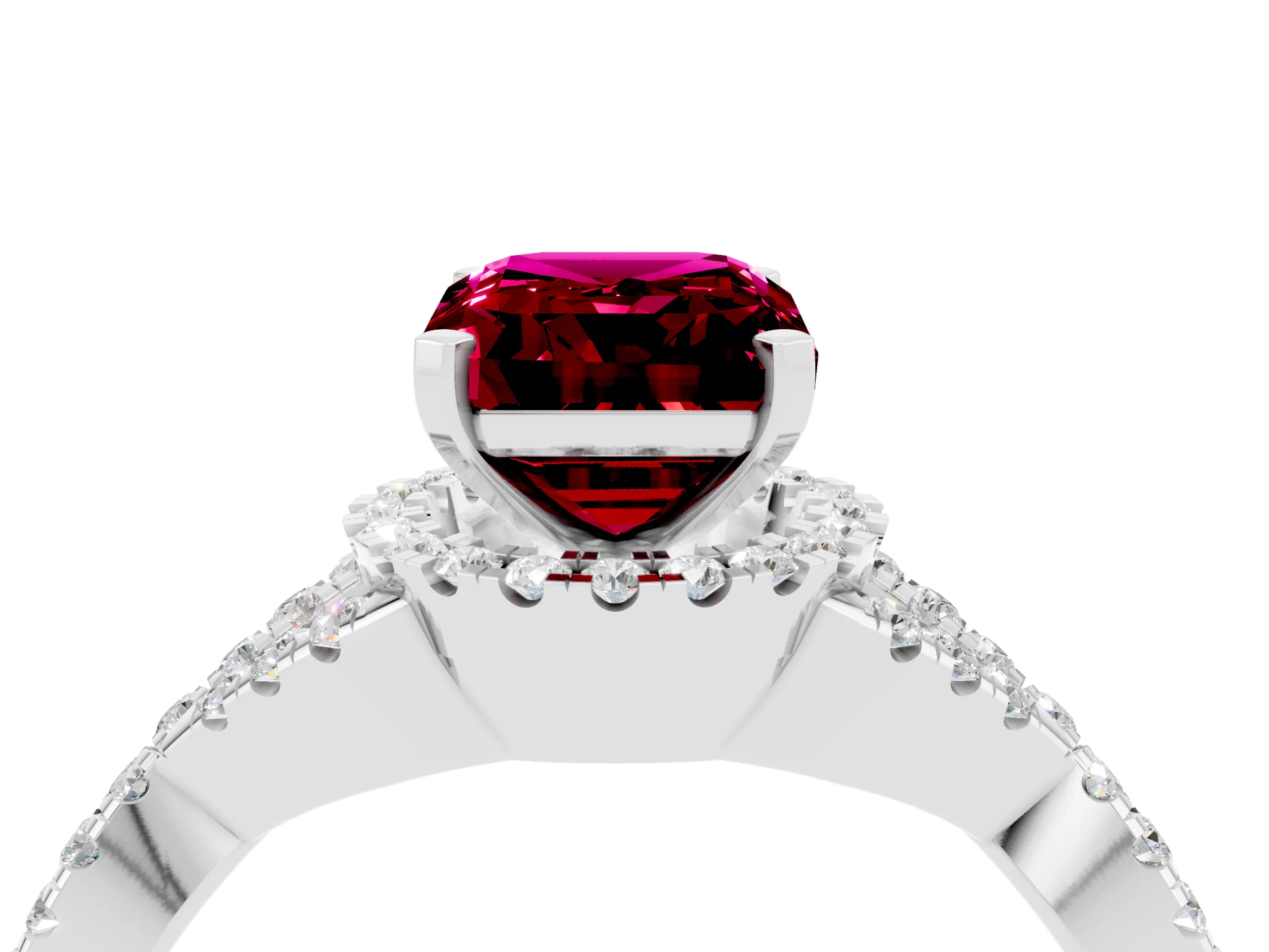 White gold Emerald Cut Garnet Halo Twist Band Solitaire Prong Setting Ring_4