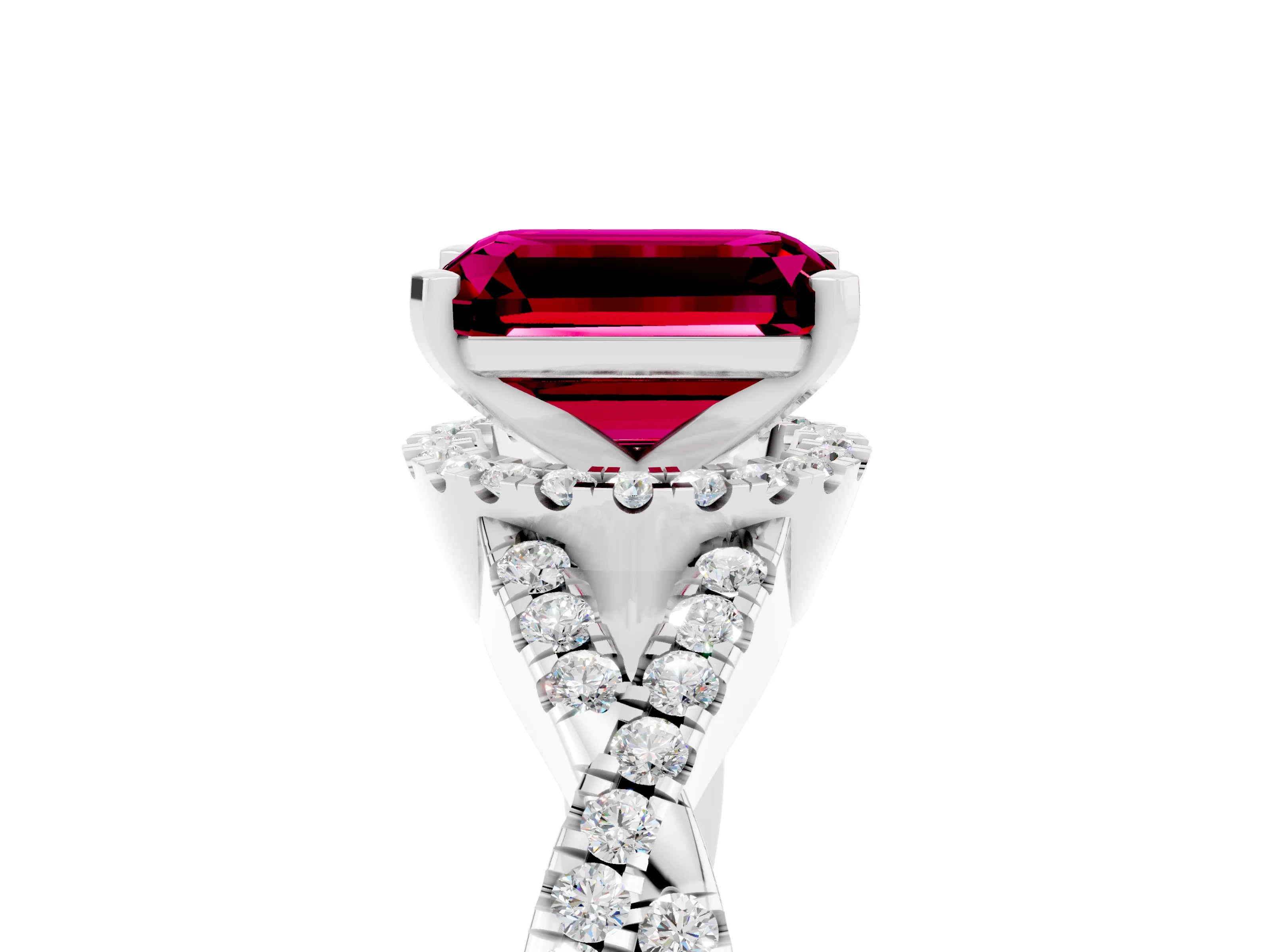 White gold Emerald Cut Garnet Halo Twist Band Solitaire Prong Setting Ring_5