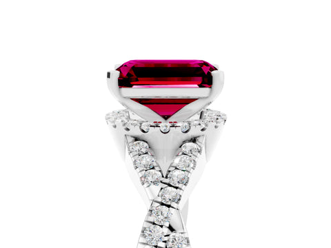 White gold Emerald Cut Garnet Halo Twist Band Solitaire Prong Setting Ring_5