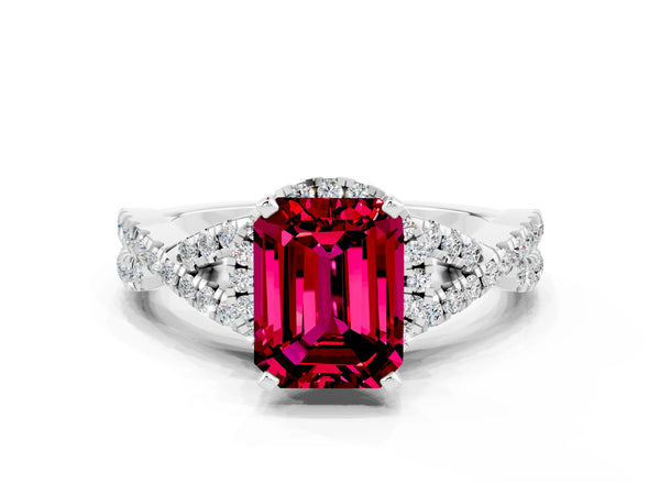 White gold Emerald Cut Garnet  Halo Twist Band Solitaire Prong Setting Ring