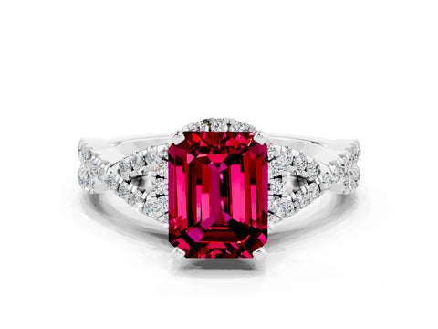 White gold Emerald Cut Garnet Halo Twist Band Solitaire Prong Setting Ring